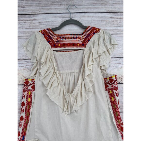 Free People Day Glow Embroidered Mini Dress Women's Small Beige/Red Frayed Hem - Picture 4 of 12
